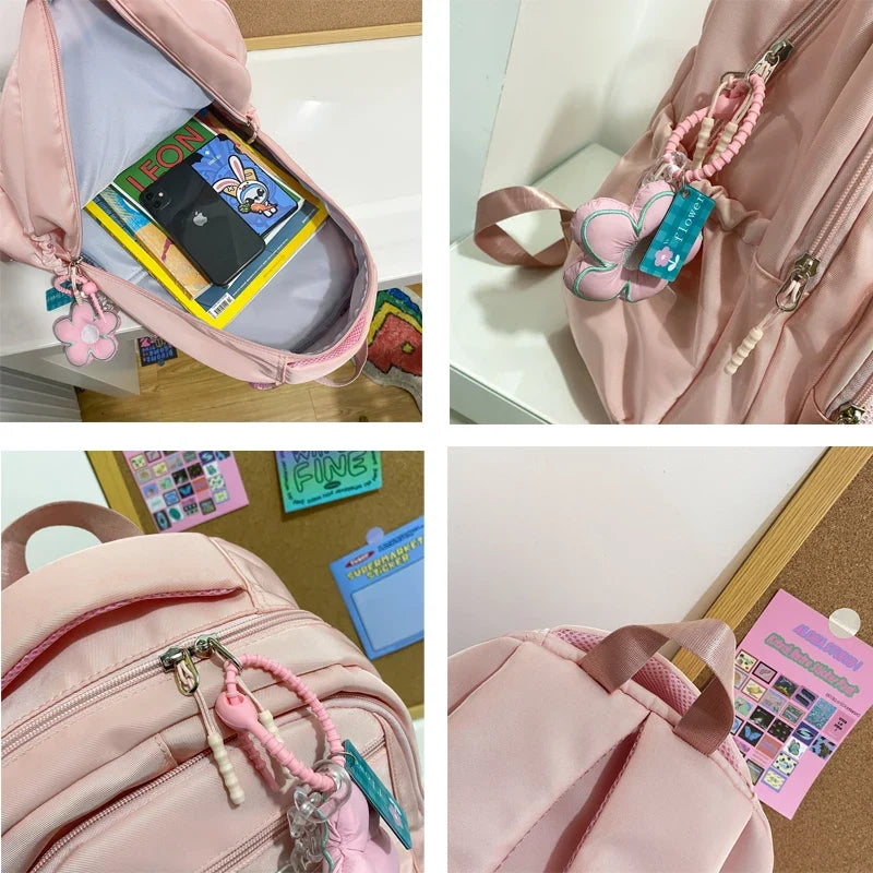 Multi-pocket Big Woman Backpack Solid Color Boys Girls Campus Style Schoolbag For TeenageNylon Waterproof Travel Bag