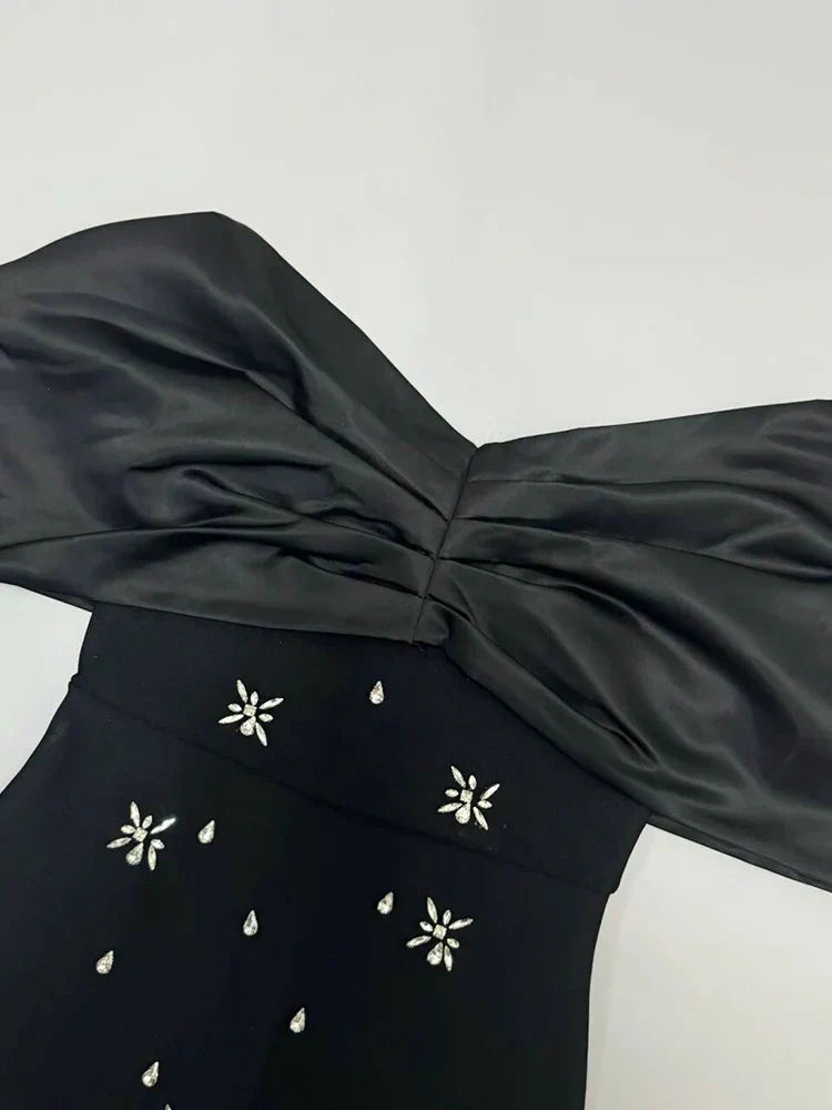 Off Shoulder Crystal Embellished Bow Neck Bodycon Midi Dress