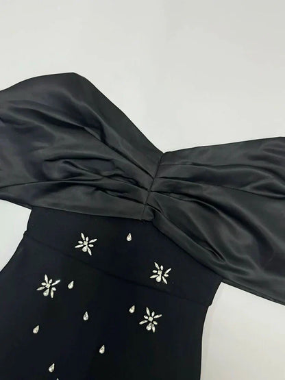 Off Shoulder Crystal Embellished Bow Neck Bodycon Midi Dress