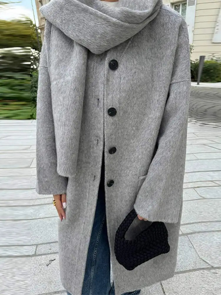 Elegant Autumn Winter Women Scarf Wool Overcoat Fashion Long Sleeve Solid Single Breasted Lady Coats New Daily Chic Outwear