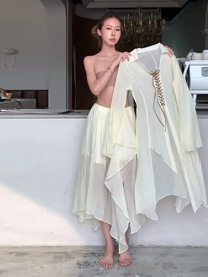Lace Up V-Neck Shirt Ruffle Skirt Women Set Strings Lapel Sexy Waist Cinched Slimming Blouse Top Irregular Long Skirts Suit New