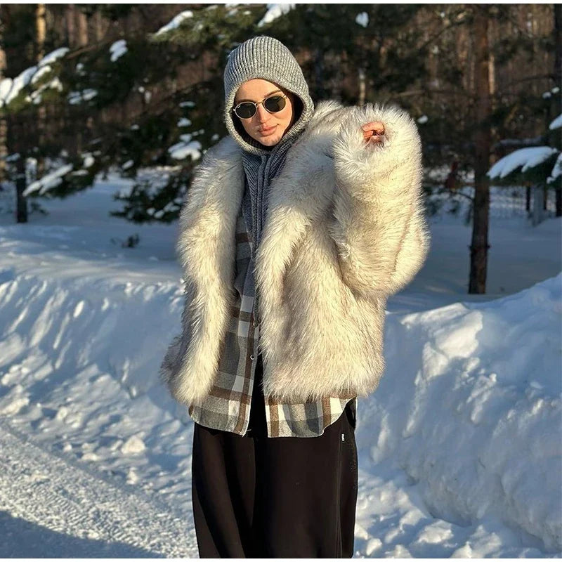 Furffy Thicken Jackets Women Faux Fur Loose Lapel Long Sleeves Warm Coats Female Winter Fashion Solid Soft Outwears Lady