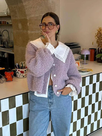 Solid Color Simple Knitted Women's Cardigan Casual Loose Round Neck Single Breasted Sweater Fashion Retro Tops Short Sweaters
