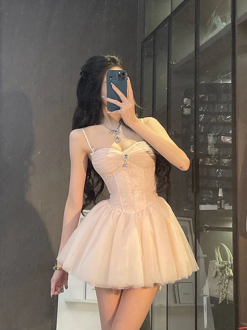 Sweet Mini Dress Women Birthday Party Mesh Patchwork Spaghetti Strap Dresses Summer Y2K Korean Fashion Bodycon Design Vestidos