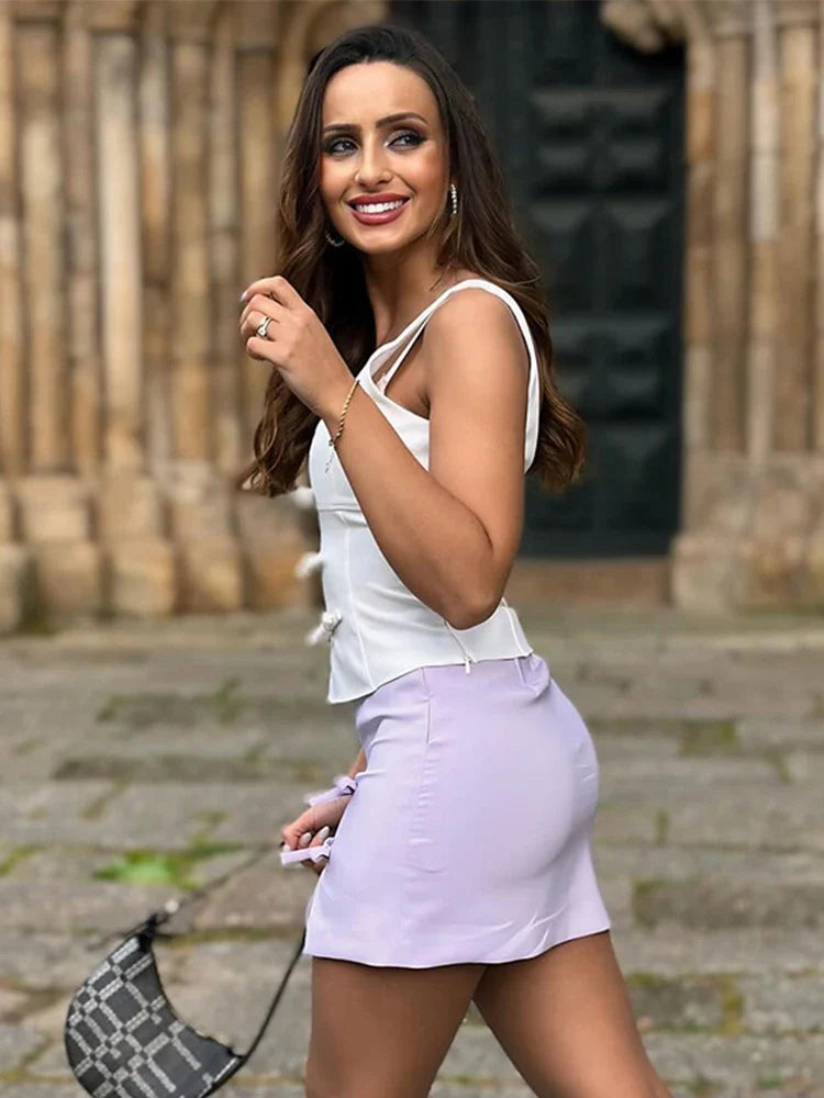 Bow Strap Slim Lace Up Women White Tank Top Fashion Solid Slim Female Crop Tops 2024 Spring Summer Street Lady Shirts Blouses