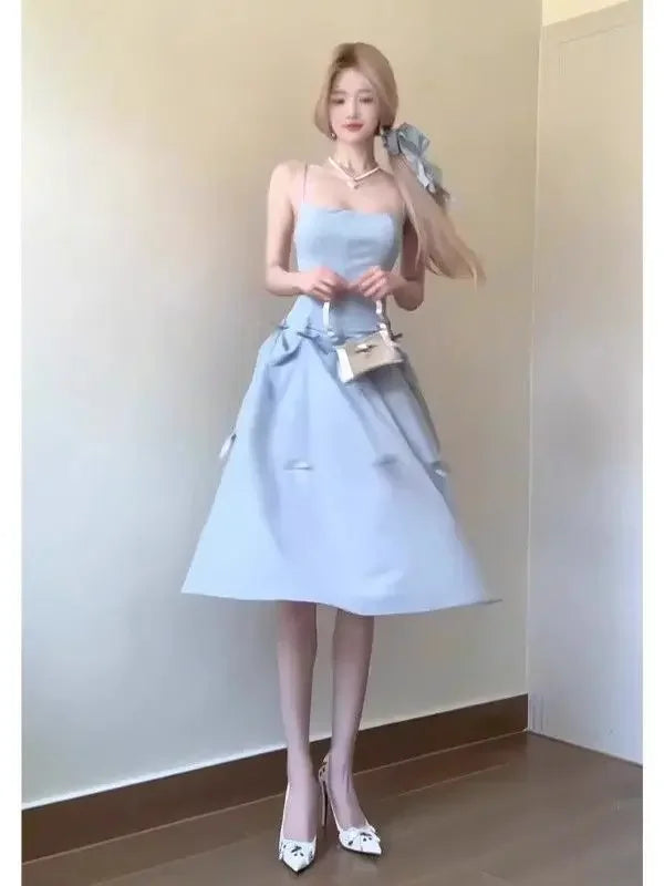 Blue Butterfly Knot Pure Desire Dress Versatile Beautiful Unique Elegant Long Skirt round Neckline Sleeveless Loose Waist