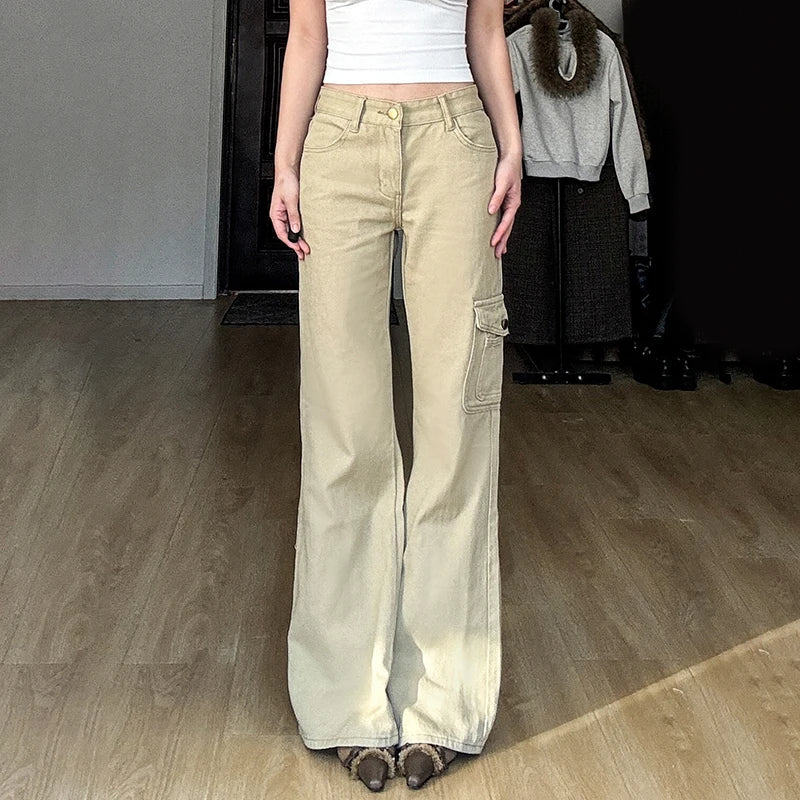 Y2K Casual Women Straight Jeans Khaki Fashion Pocket Cargo Pants Retro 90s Loose Denim Trousers Spring High Street