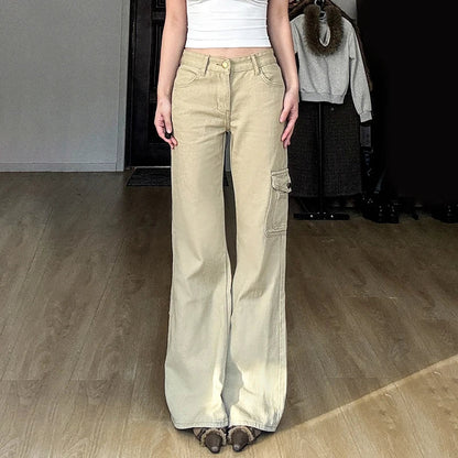 Y2K Casual Women Straight Jeans Khaki Fashion Pocket Cargo Pants Retro 90s Loose Denim Trousers Spring High Street