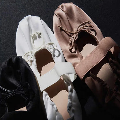 Women's Satin Ballet Flats Elegant Bow Mary Jane Shoes Elastic Strap Soft Sole Round Toe Daily Commute Ladies Flat Dress Shoes