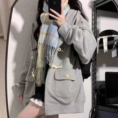 Women's Cardigan Hooded Sweatshirt Cute Loose Coat Zipper Spring Autum Long Sleeves Buttons Pockets Solid Color Tops Jacket