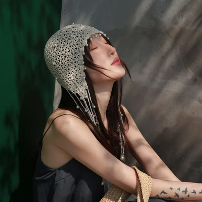 Japanese Spring Summer Handmade Crochet Knitted Hat Hollow Retro Fringed Pearl Sunscreen Hat Fashion Breathable Court Beanie Cap