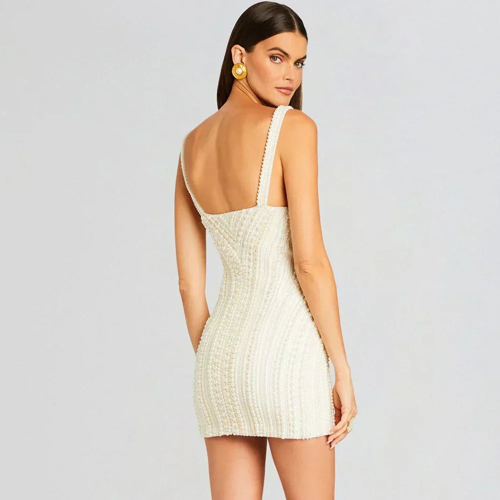 Square Neck Pearl Embellished Column Bodycon Mini Dress