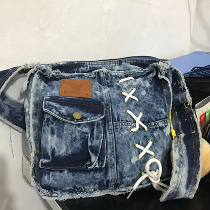 Korean Retro Washed Denim Canvas Bag Niche Cool Versatile Single Shoulder Crossbody Bags for Women and Men
