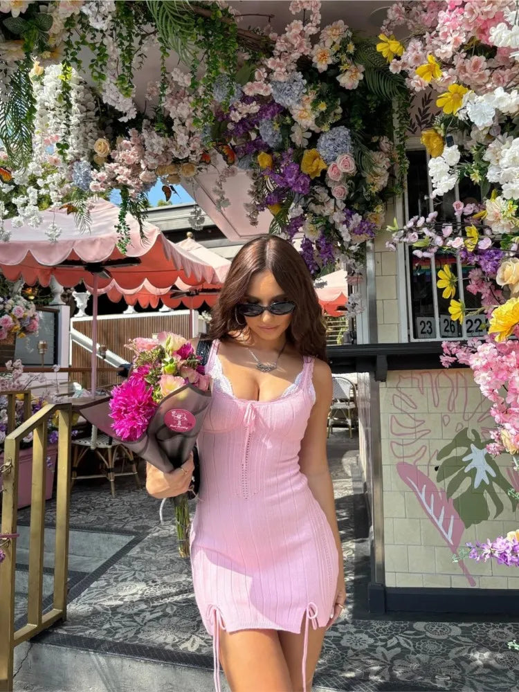 New Pink White Lace Patchwork Short Dress For Women's Clothing Ruffle Square Collar Vacation Beach Summer Knit Slip Dress
