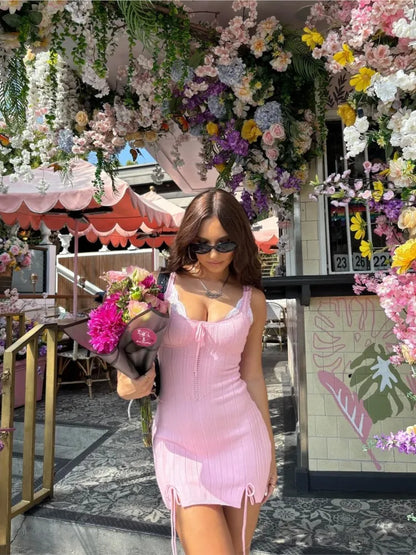 New Pink White Lace Patchwork Short Dress For Women's Clothing Ruffle Square Collar Vacation Beach Summer Knit Slip Dress