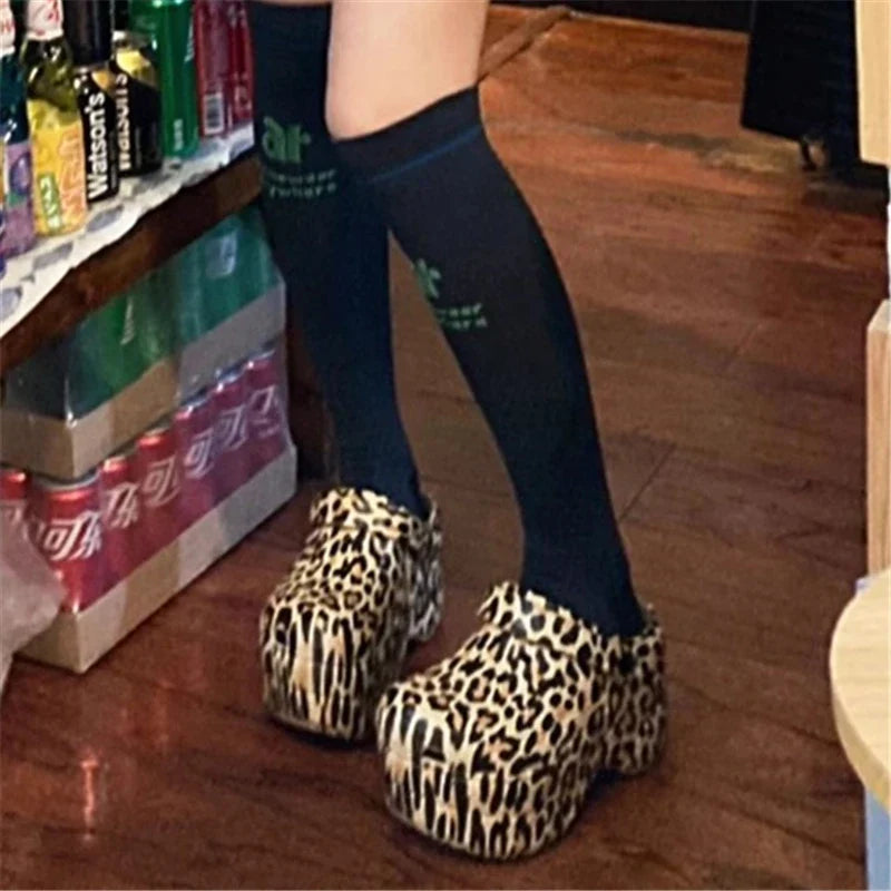 Leopard Round Toe Thick Bottom Platform Chunky Heels Women Pumps Slip On Mixed Color Sandals Fashion Retro Western Ladies Shoes