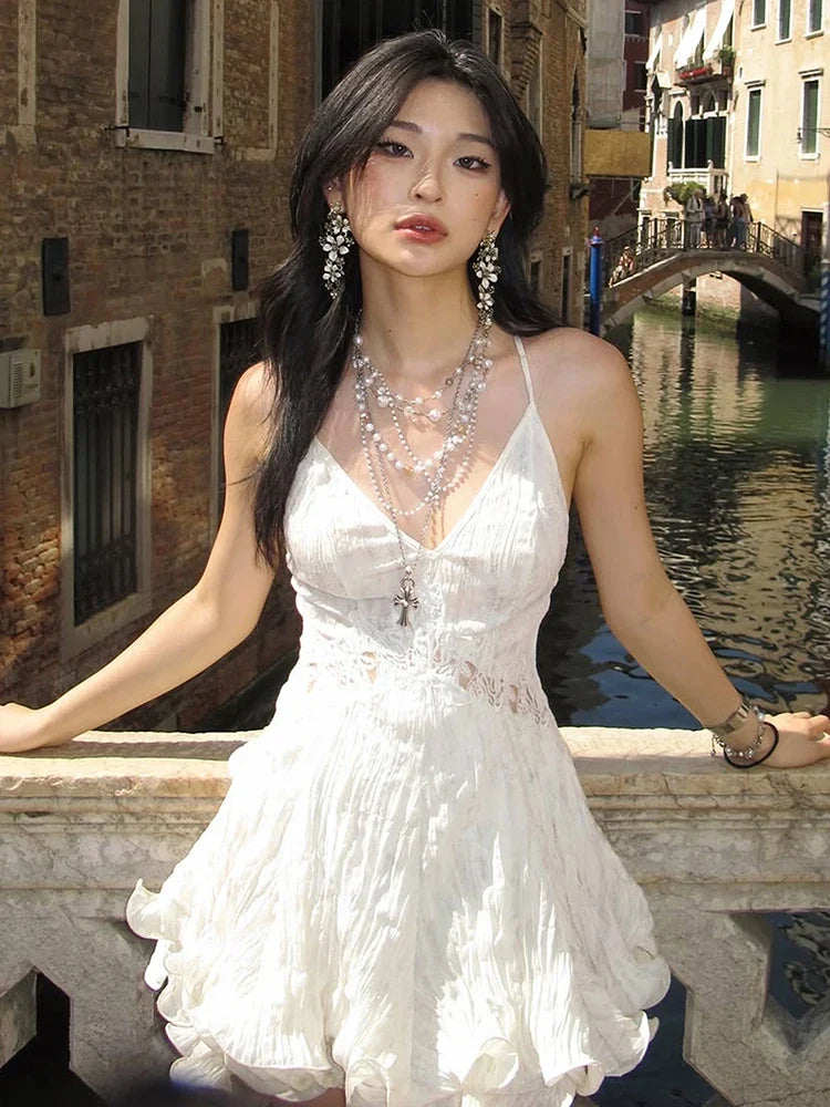 Woman Lace Patchwork Sling Dress Low-Neck Cross Bandage Backless Puffy Hem Sweet Girls Birthday Party Elegant Bodycon
