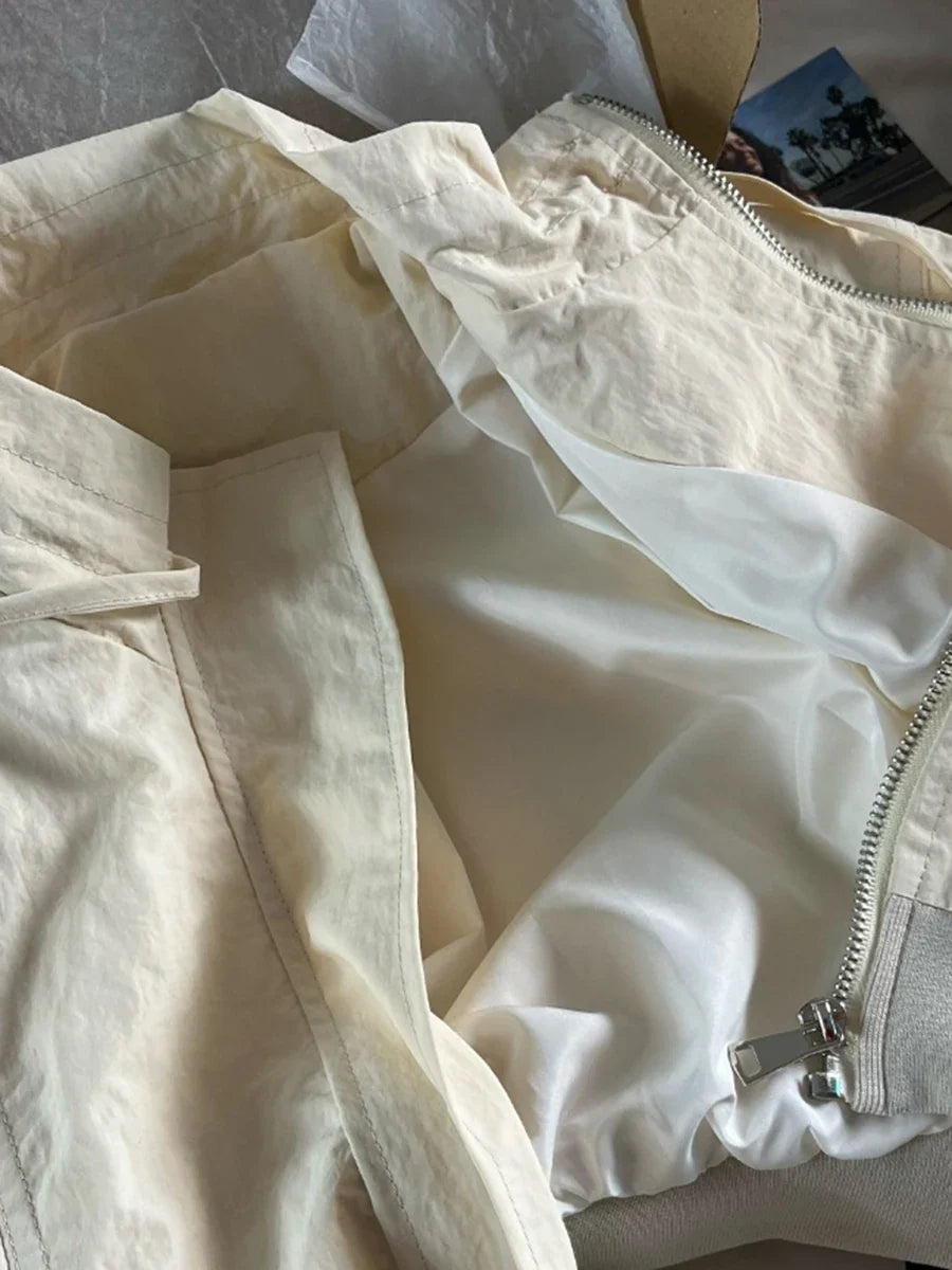 Vintage Solid Drawstring Jackets For Women Basics Streetwear Turn-down Collar Cardigan Coat Simple Y2K Harajuku Crop Top Female