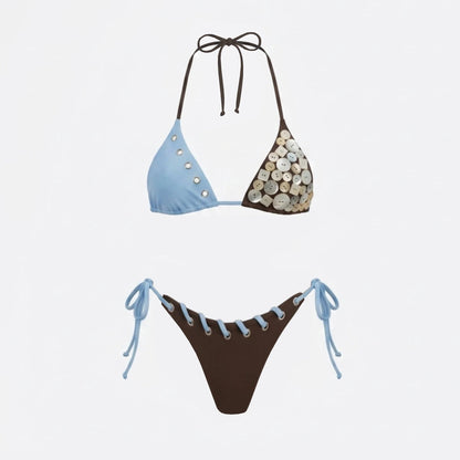 Sexy Button Bikini with Skirt Swimsuit Women Shirring Swimwear High Leg Resort Wear Bathing Suit Beachwear Halter Biquini