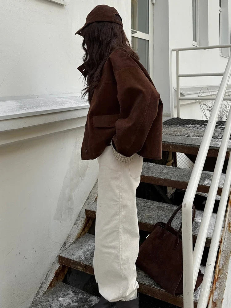Autumn Chic Plaids Linen Solid Corduroy Coats Elegant Female Stand Collar Zipper Long Sleeves Jacket Fashion Lady Street Outwear