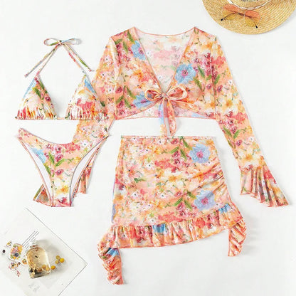 Sexy Floral Print Swimwear 4 Piece Micro Thong Bikinis Set Women Swimsuits Long Sleeve Crop Tops Skirts Cover Up Beachwear