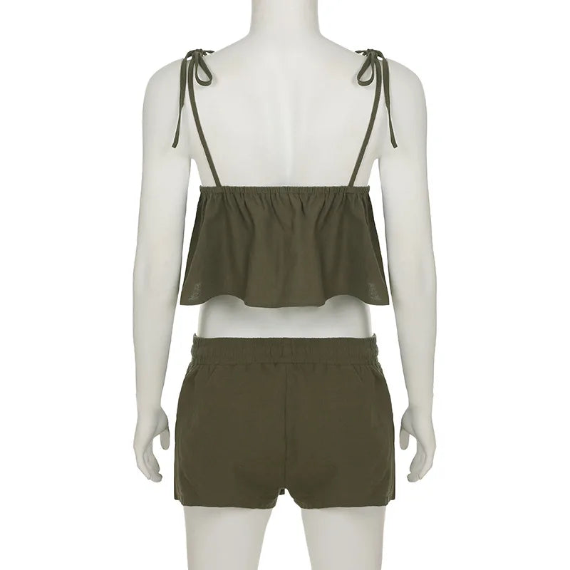 Summer Cotton Linen Short 2 Piece Sets for Women Sexy Spaghetti Strap Tops and Drawstring Short Sets Female Casual Matching Sets