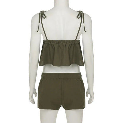 Summer Cotton Linen Short 2 Piece Sets for Women Sexy Spaghetti Strap Tops and Drawstring Short Sets Female Casual Matching Sets