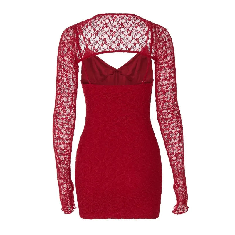 Deep V Neck Floral Lace Detached Long Sleeve Mini Dress