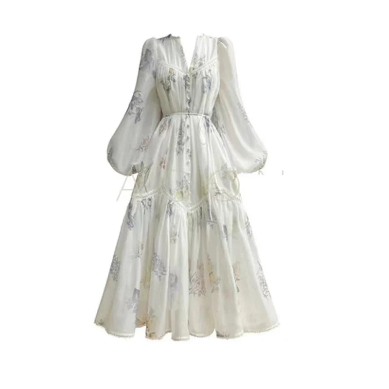 High Quality Fashion Vintage Women Spring Autumn Print Flower V Neck Lantern Sleeve Boho Casual Party Holiday Dresses