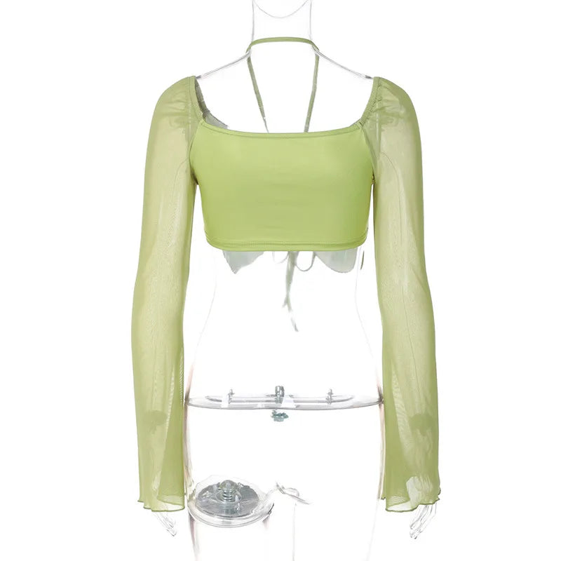 Long Sleeve Patchwork Mesh Halter T Shirts Butterfly Drawstring Summer T Shirts Lady Sexy Streetwear Cropped Tops Women Clothing