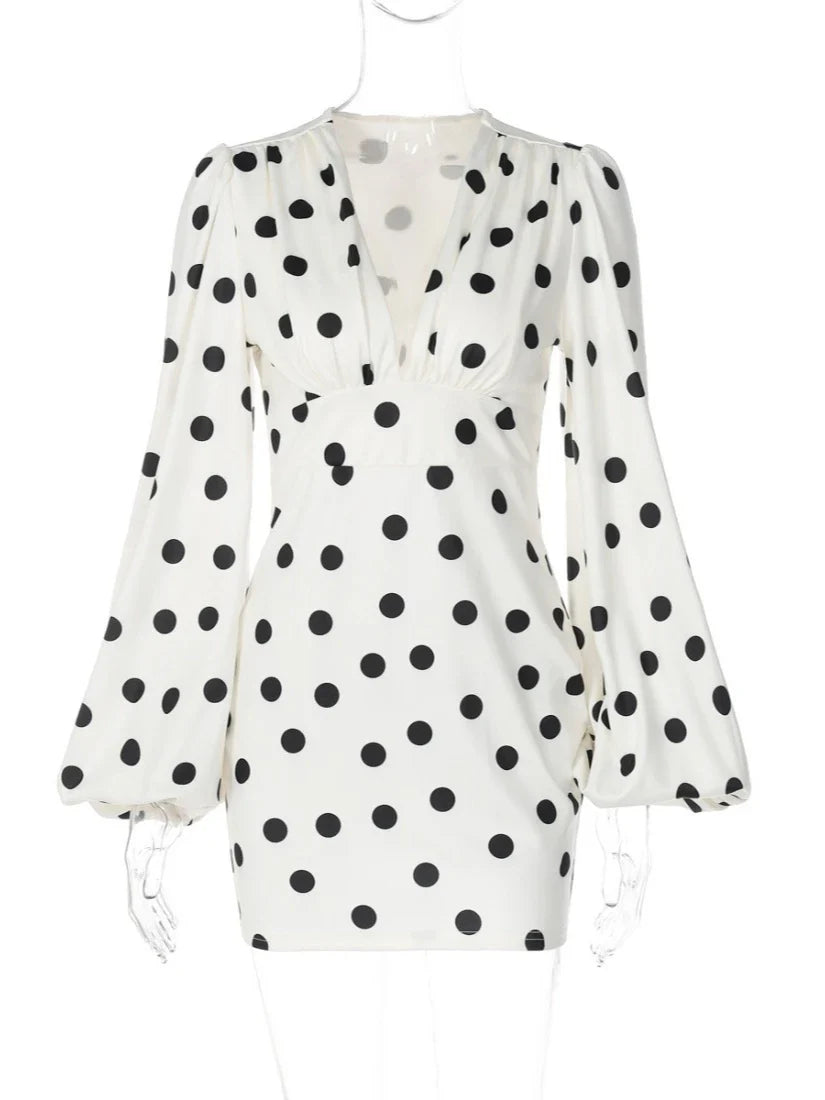Spring Autumn Polka Dot Print Mini Dress Women Elegant Deep V Neck Flare Sleeve Slim High Waist A Line Short Party Dresses
