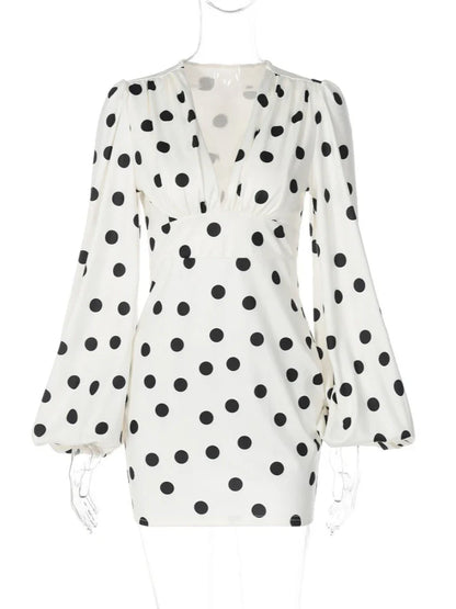 Spring Autumn Polka Dot Print Mini Dress Women Elegant Deep V Neck Flare Sleeve Slim High Waist A Line Short Party Dresses