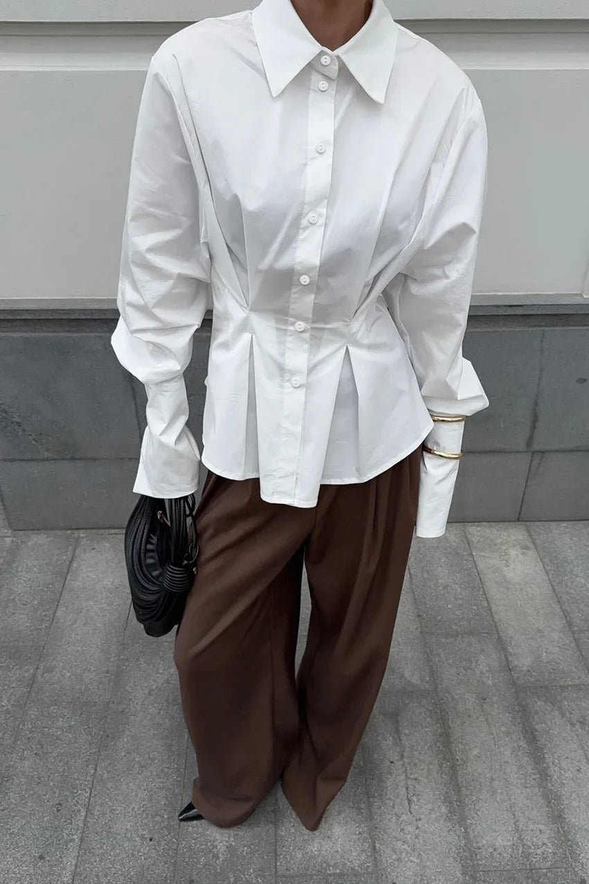 Pure cotton shirt for women, high-end, light luxury, versatile, pleated, waist cinching, slim fit, long sleeved, lapel shirt