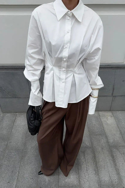 Pure cotton shirt for women, high-end, light luxury, versatile, pleated, waist cinching, slim fit, long sleeved, lapel shirt