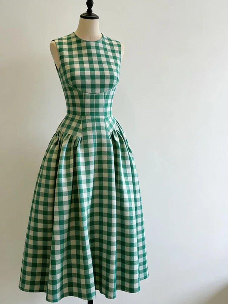 Elegant Vintage Plaid Sleeveless Dress Minority New Ball Gown Slim Waist Vestidos Sweet Fresh Ruched Mid-length Premium Mujer