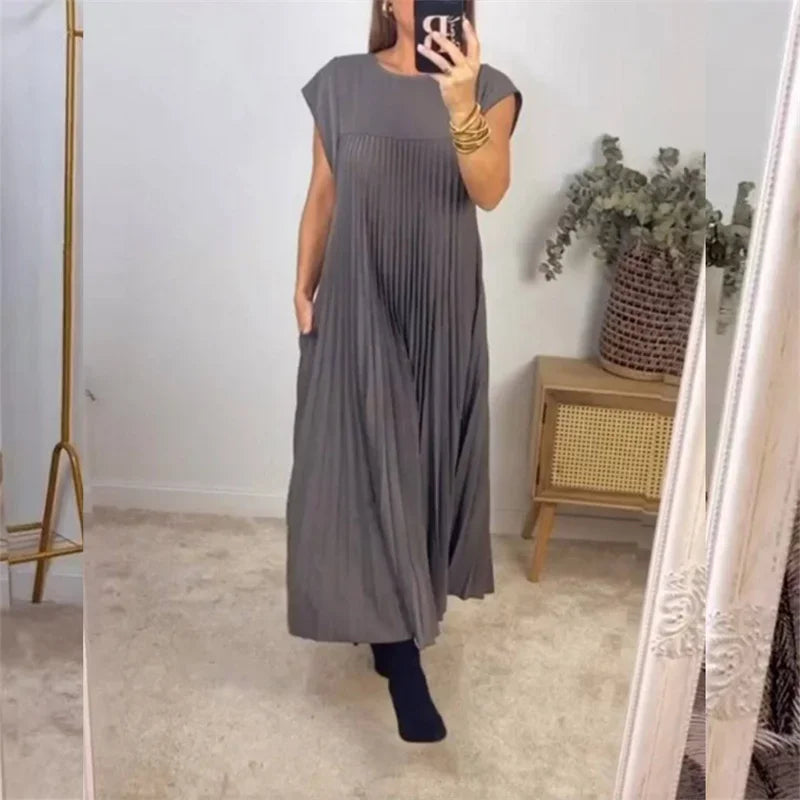 Accordion Pleated Crew Neck Sleeveless Maxi Dress