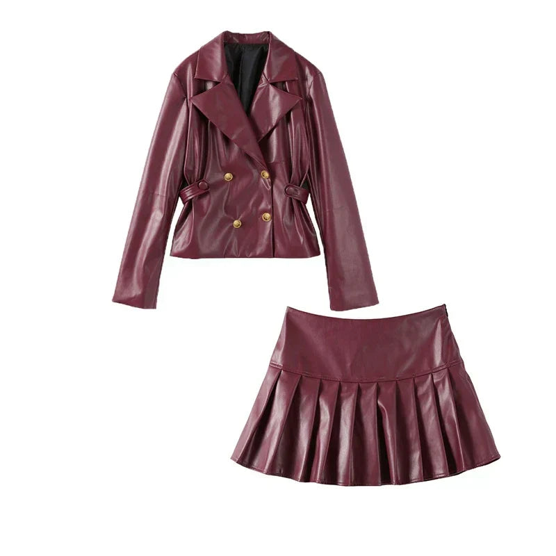 Double Breasted Faux Leather Blazer Pleated Mini Skirt Set