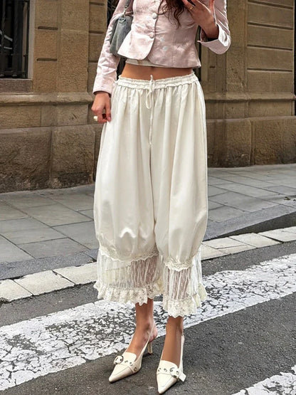 Women's Lace Loose Pants Summer High Waist Patchwork Lace Up Pant Street Casual Solid Party Y2K Long Trouser Femme
