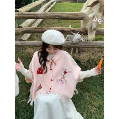 Japanese College Style Autumn Winter Cute Bunny Shawl Cloak Kawaii Lapel Tassel Bow Cardigan Women Knitted Sweater Top