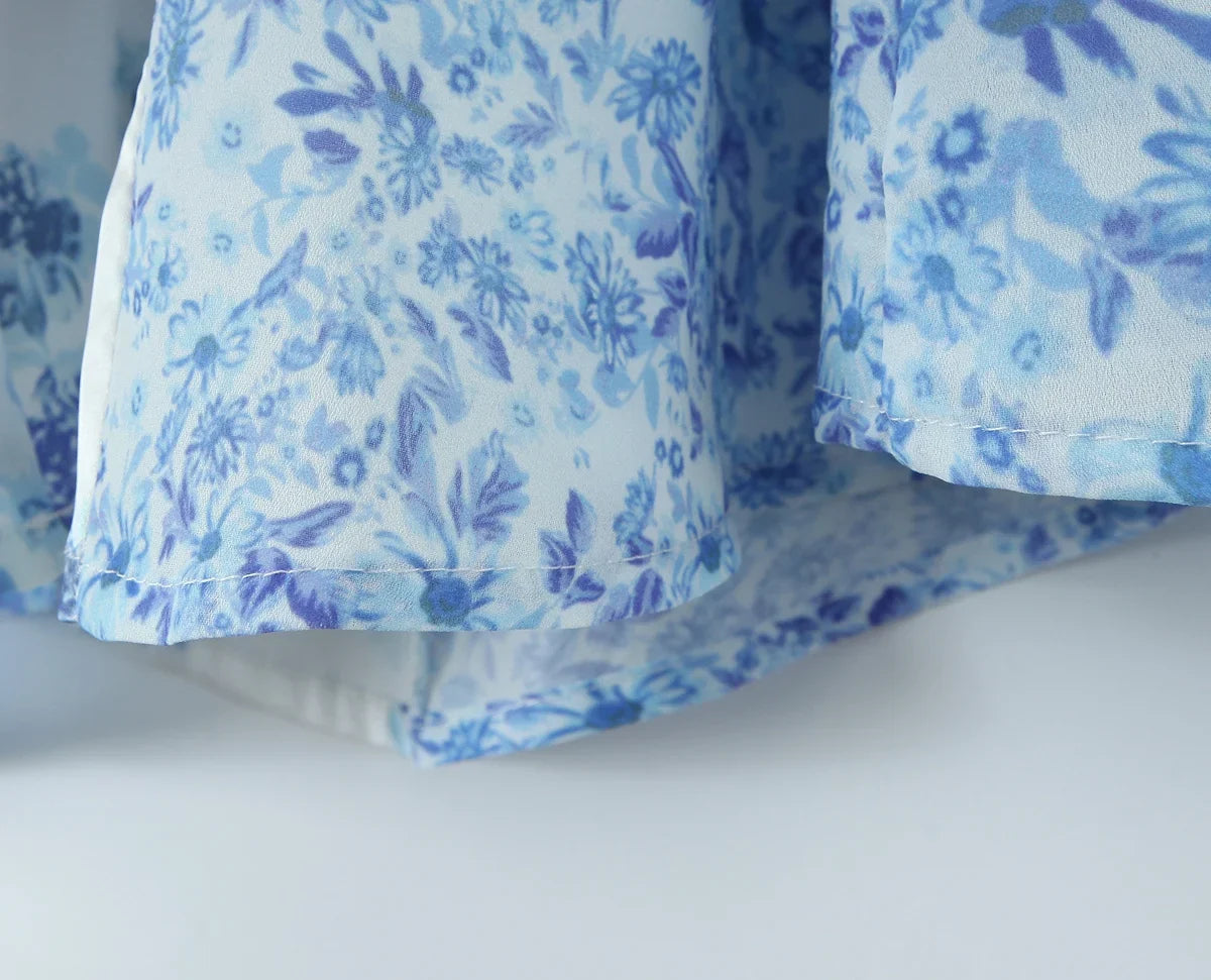 Summer Women Blue Floral Print A-line Mini Dresses Sexy Backless V Neck Lace Spliced Boho Dresses Female Holiday Robe New 2025