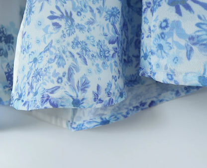 Summer Women Blue Floral Print A-line Mini Dresses Sexy Backless V Neck Lace Spliced Boho Dresses Female Holiday Robe New 2025