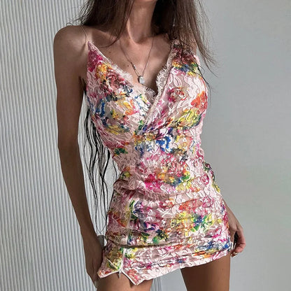 spring new women's seaside hottie vacation style sexy V-neck lace splicing floral suspender dress
