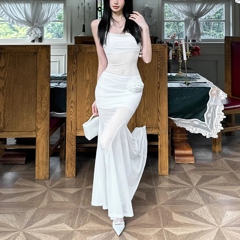 Autumn and Winter Women's Solid Color Sexy Pure Desire Suspenders See-through Slim-fitting Hip Long Dress