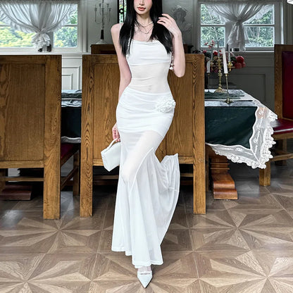 Autumn and Winter Women's Solid Color Sexy Pure Desire Suspenders See-through Slim-fitting Hip Long Dress