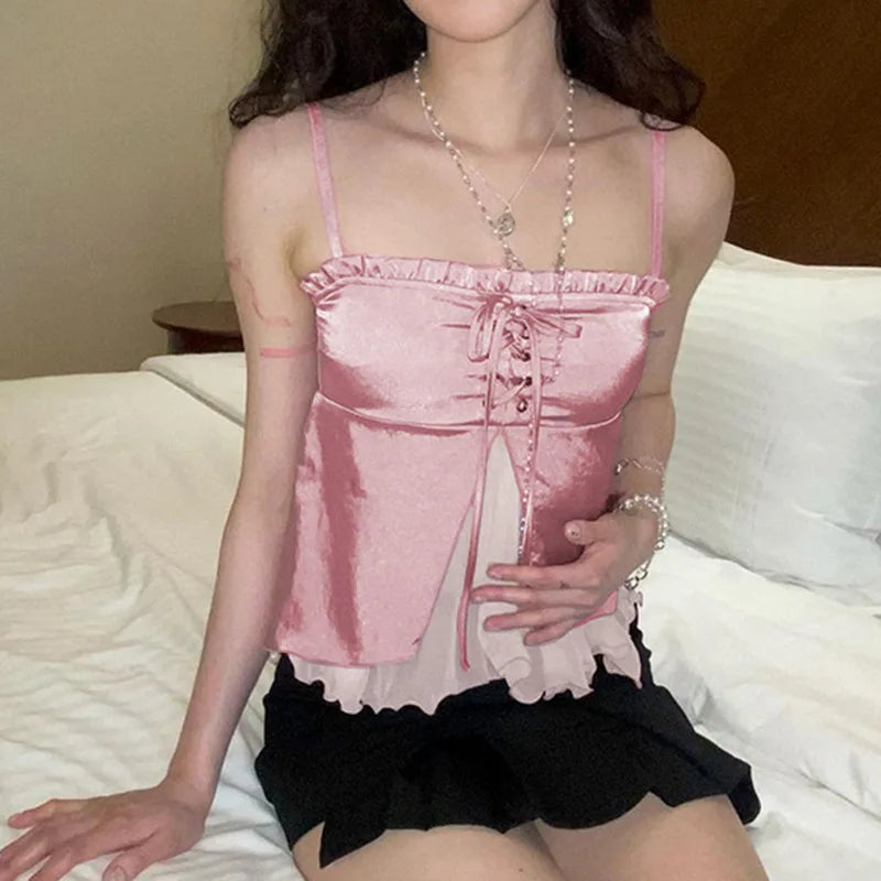 Women's Sleeveless Tank and Camis, Pink Top, Irregular, Two Layers, Slim Lace Up, Y2K Streetwear, Crop Top, Spring, Summer Trafa