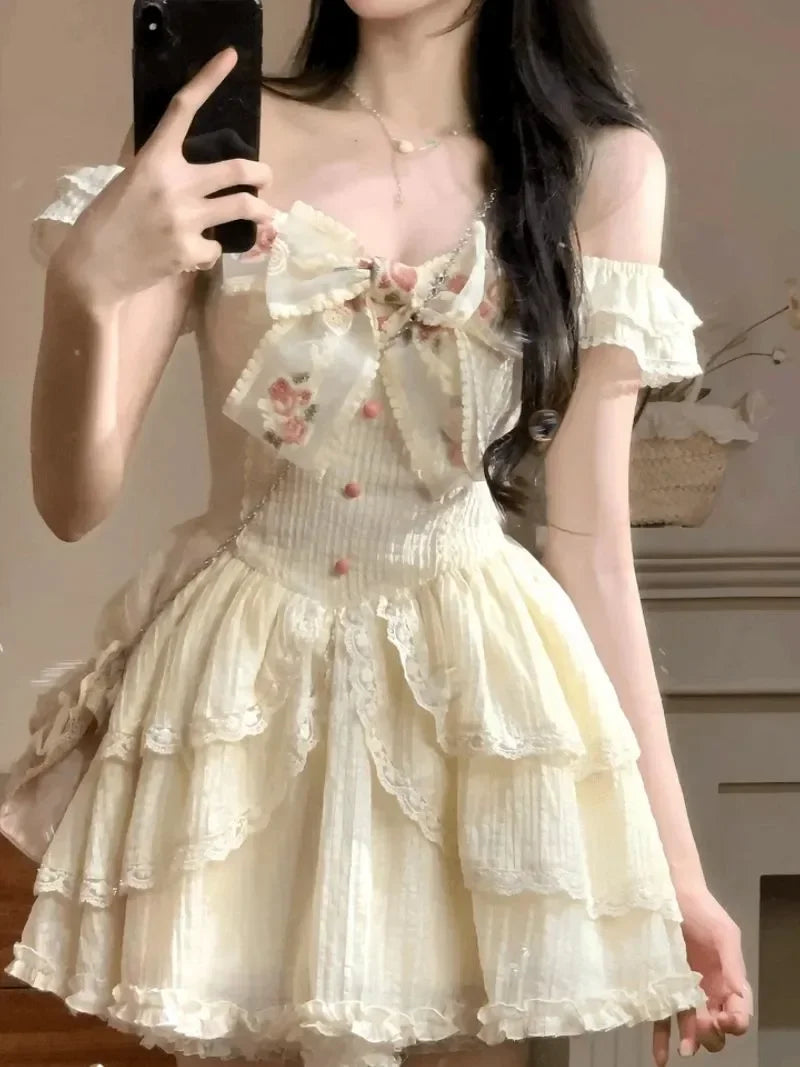 Summer Sweet Fairy Dress For Women Elegant Lolita Bow Ruffles Princess Dresses Girl Sleeveless Birthday Party Mini Dress