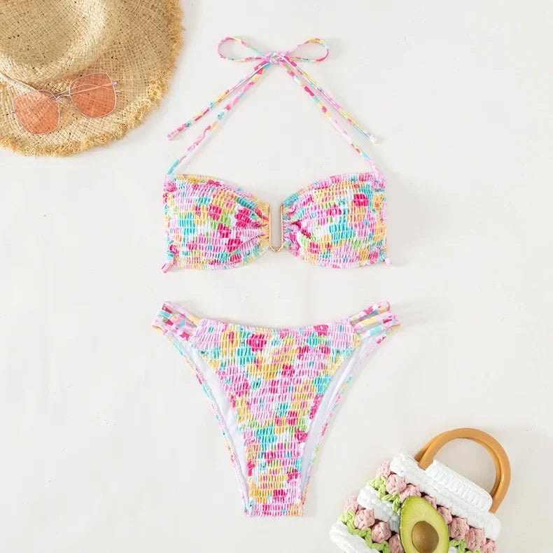Sexy Bandeau Push Up Bikini Set Ruched Bikinis Swimwear Women Underwired Swimsuit 2 Piece Bathing Suit Beachwear Female Biquini