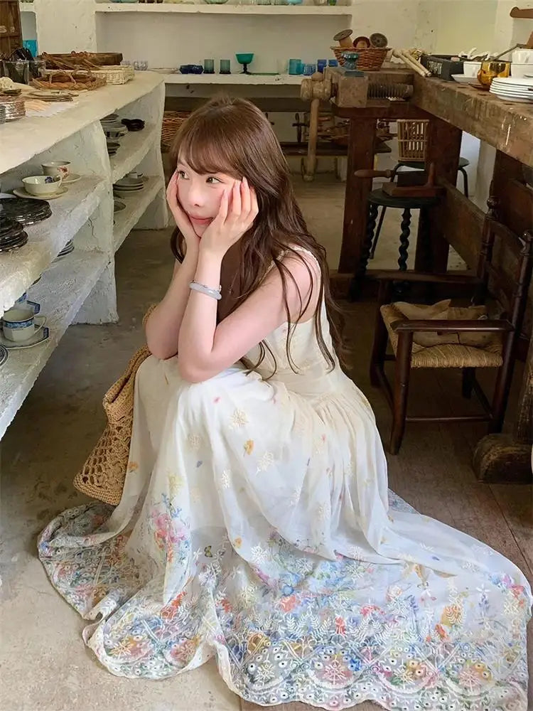 Floral Print Halter Dress Women's High Waist Gradient Sleeveless Long Dress Spring Commute Style Embroidered A-Line Skirt