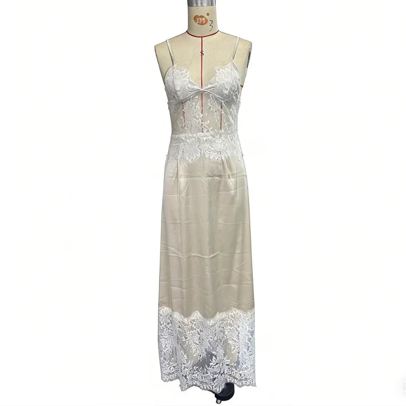 Women Elegant Lace Patchwork Dress Satin Spaghetti Strap Deep V Neck Cami Dress Sexy Cocktail Party Maxi Dress