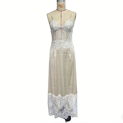 Women Elegant Lace Patchwork Dress Satin Spaghetti Strap Deep V Neck Cami Dress Sexy Cocktail Party Maxi Dress